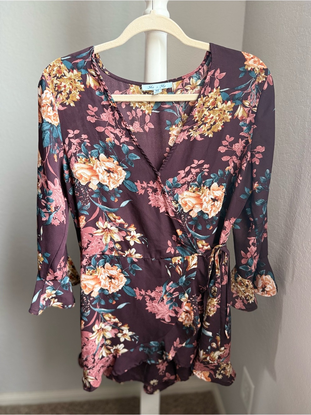 She + Sky Plum Floral Wrap Romper with Tie Waist